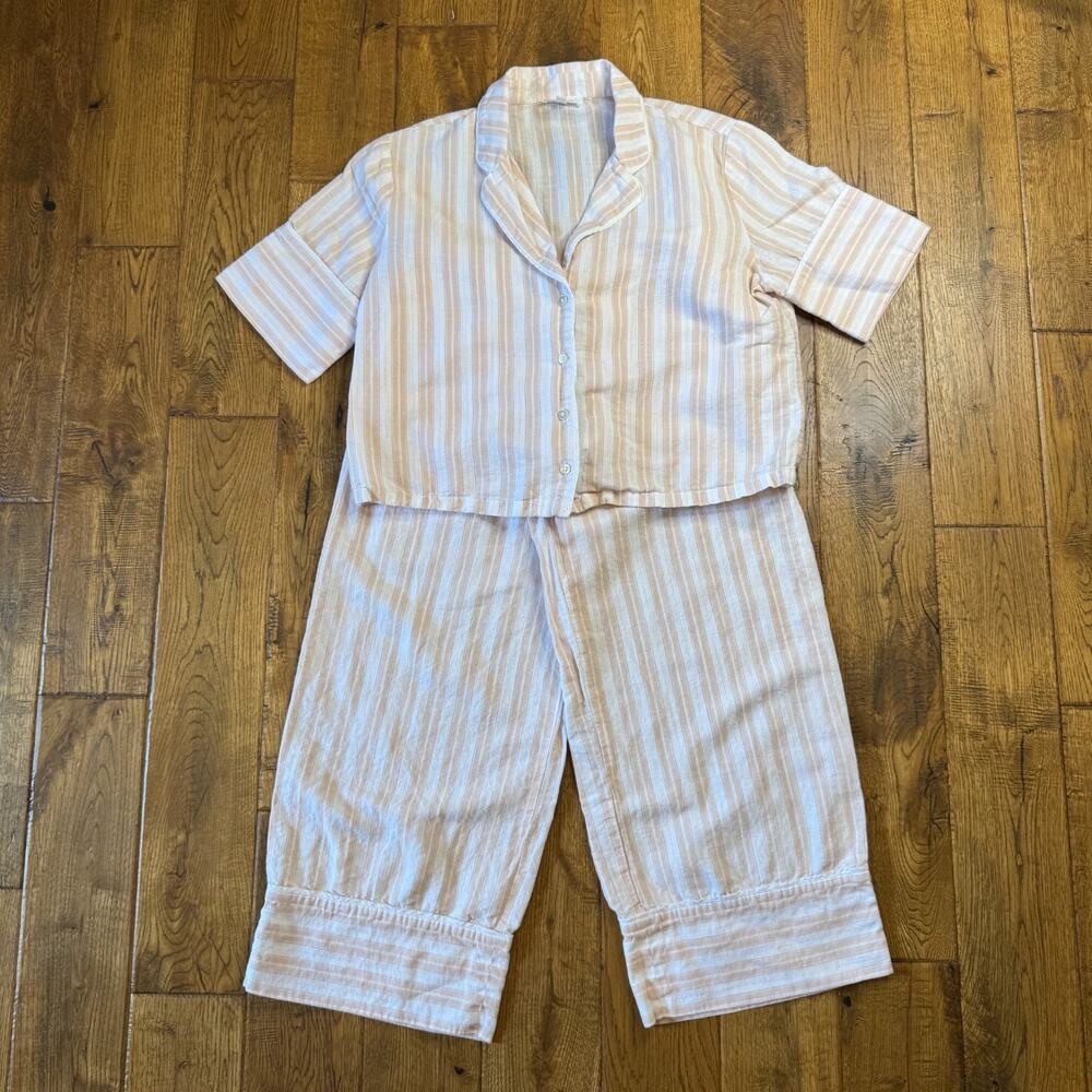 Haven Well Within Linen Blend Coastal Stripe Pajama Set Sleep Plants Women Sz XS